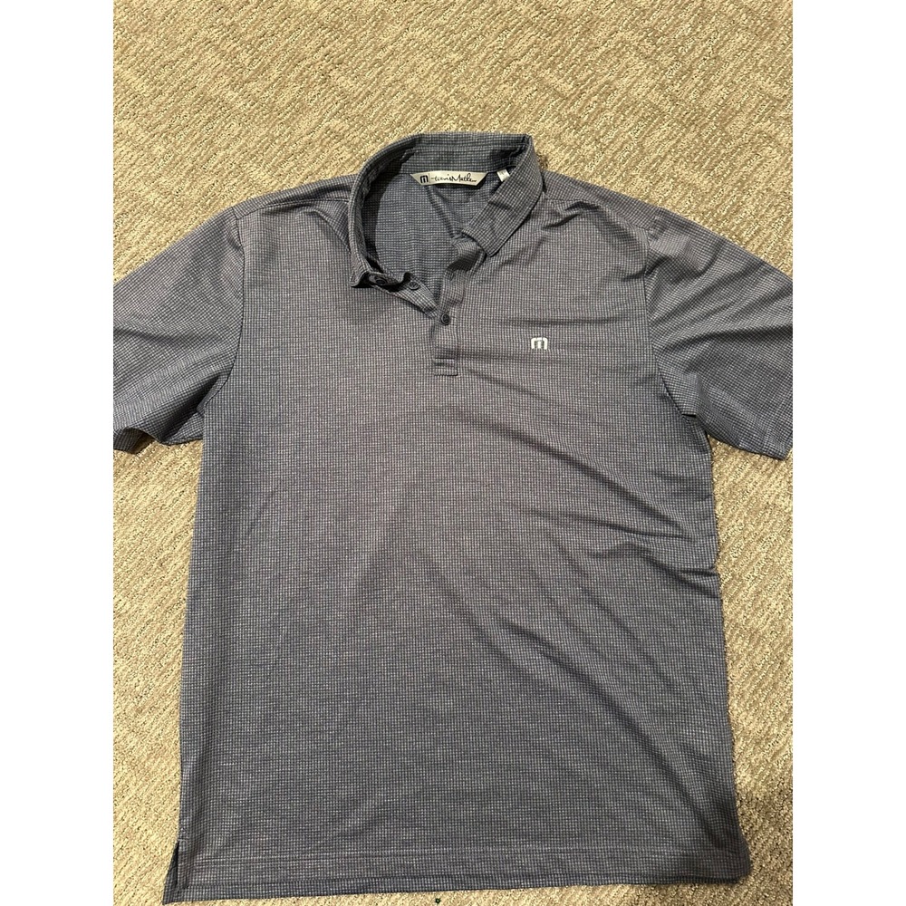 TravisMathew Mens Navy Blue Micro Check Short Sleeve Golf Polo Shirt Large - Picture 1 of 3